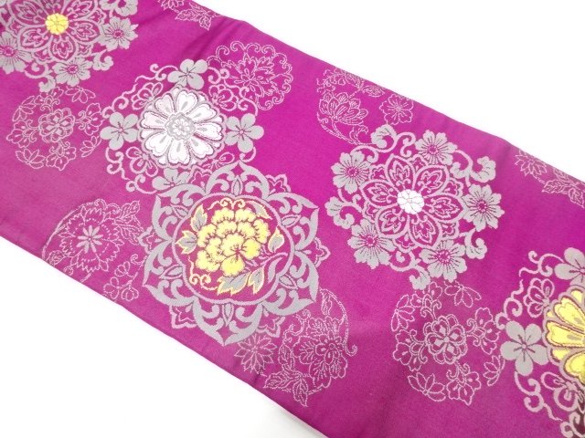 JAPANESE KIMONO / ANTIQUE NAGOYA OBI / SILK / WOVEN FLORAL CREST & PEONY